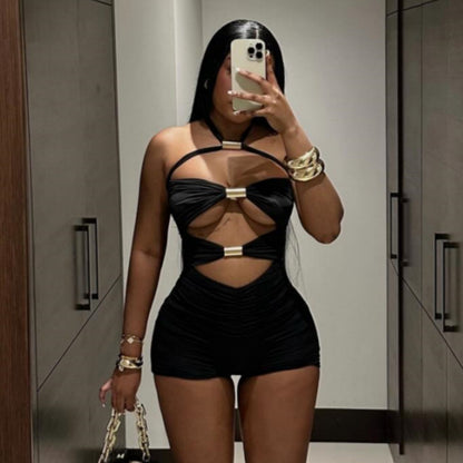 Hot trade women's clothing new personalized hollow metal tube splicing contrasting color bow neck jumpsuit shorts