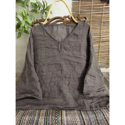 2025  23/4 In the same year, spring and summer literary and retro linen loose seven-quarter-sleeved shoulder pullover