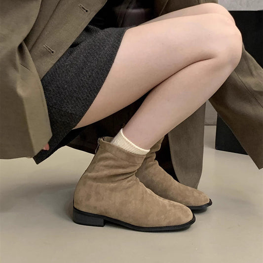 2025  thick heel suede square head thin boots women's boots popular new short boots spring and autumn single boots thin and ankle boots