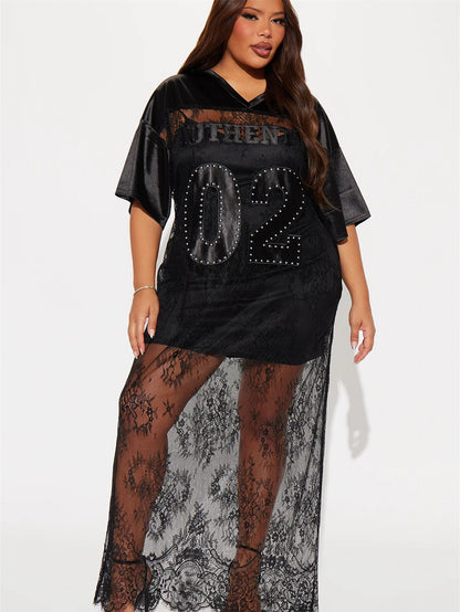 New New  fashion loose V-neck hollow lace splicing casual loose short-sleeved long dress dress women