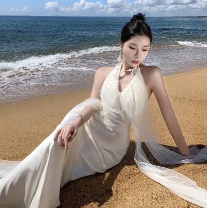 2025 Morning robe female high-end bridal wedding niche light wedding dress long skirt  neck dress fairy dress