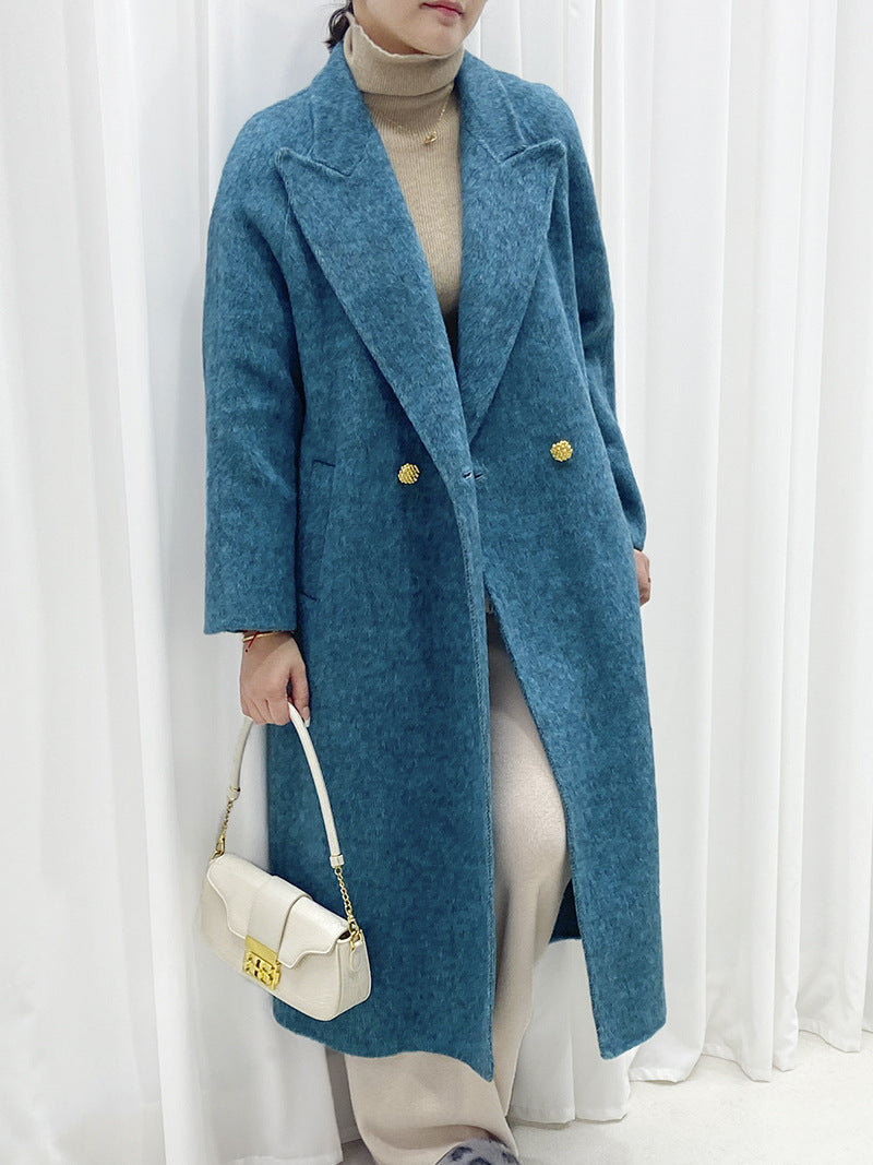 2025 Long-haired mulberry silk wool suit collar two buttons sleeves cracked double-sided cashmere coat blue woolen coat women