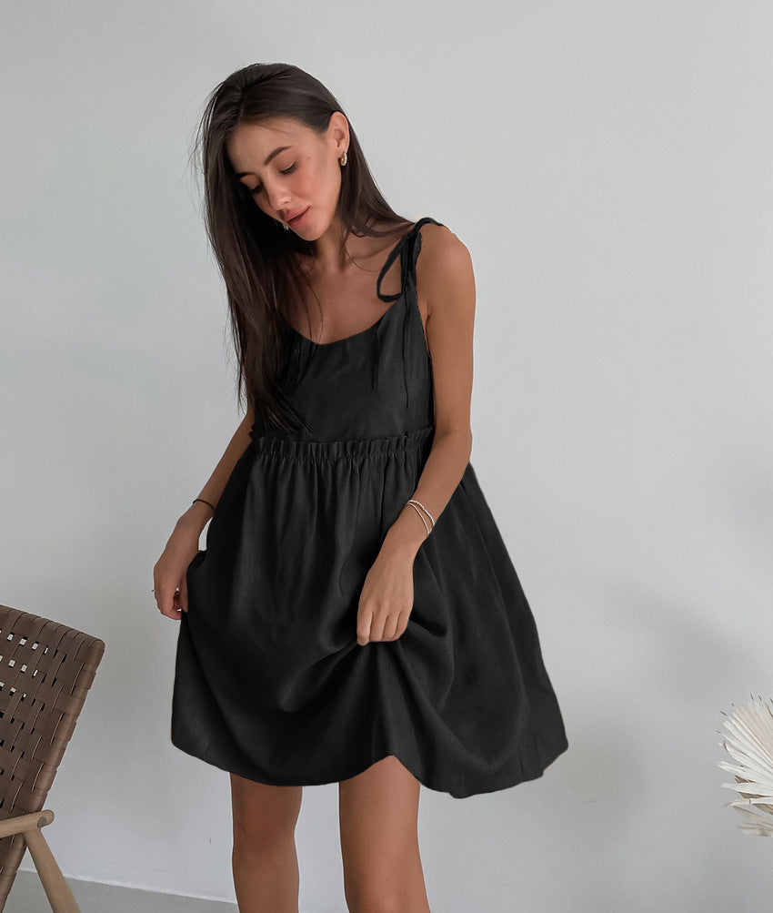 2025 Cross-border  summer new  sexy babes suspender dress salt-tie pullover loose cotton and linen A-shaped skirt