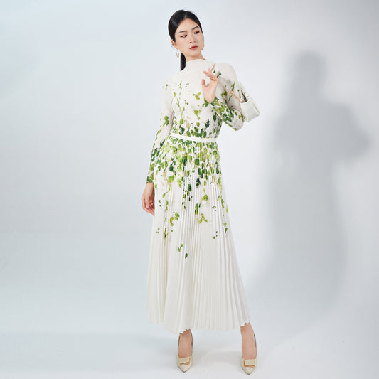 2025 Nanyou high-end women's clothing fashion pleated suit temperament slim-fit printed long-sleeved top A-word skirt two-piece set