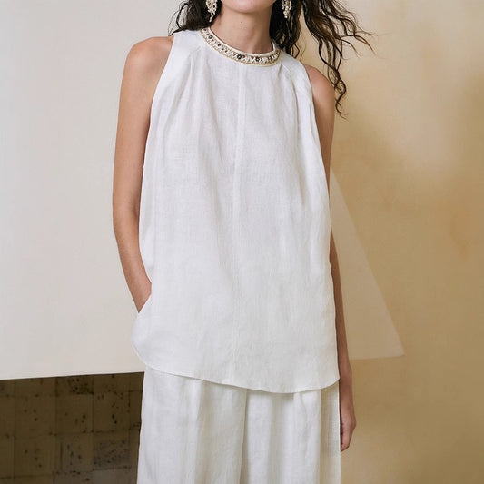 2025 Design Sense Loose Pattern Handmade Beaded Linen Sleeveless Shirt Top Women's  Summer
