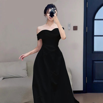 2025 satin light wedding dress bride engagement certificate registration one-word shoulder dress simple daily bow small white dress