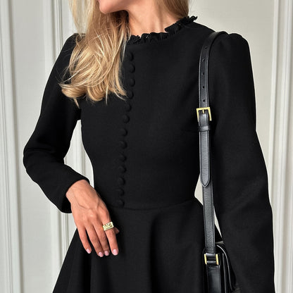 2025 spring and summer fashion temperament round neck long sleeve black dress  New mid-waist lace short skirt women's clothing