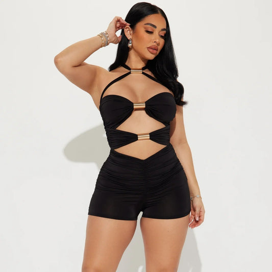 Hot trade women's clothing new personalized hollow metal tube splicing contrasting color bow neck jumpsuit shorts