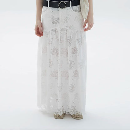 2025 High sense heavy industry white lace skirt women's  spring and summer new  high waist big swing dress