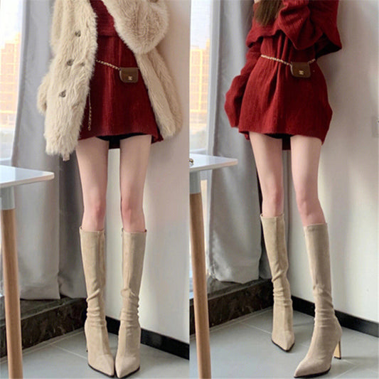 2025  High-heeled pointed boots children's autumn and winter popular new side zipper suede high elastic thin boots knight boots