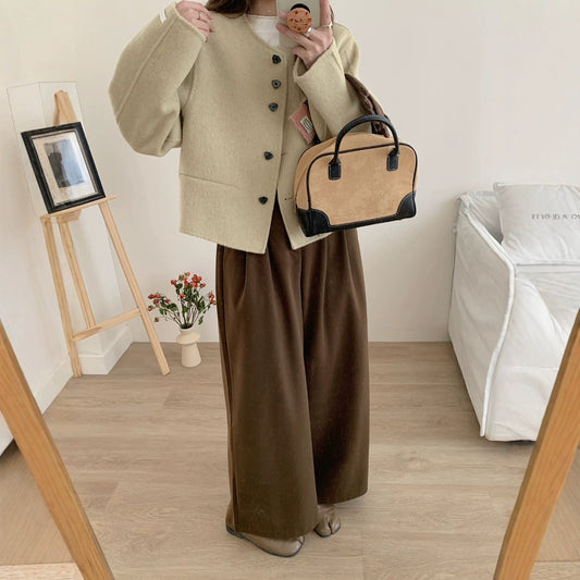 2025 Xiaoxiangfeng solid color collarless single-breasted shoulder sleeves short double-sided wool coat woolen jacket high-end women