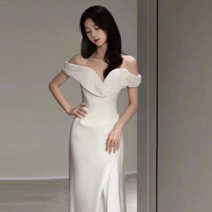 2025 light wedding dress one-word shoulder satin white simple door yarn advanced texture temperament bridal welcome wedding dress