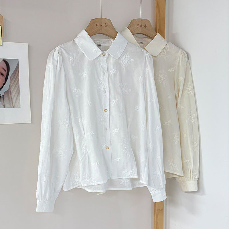 [Customized] Shirt women's  spring clothing new pure cotton lapel embroidered top sweet and loose young age reduction