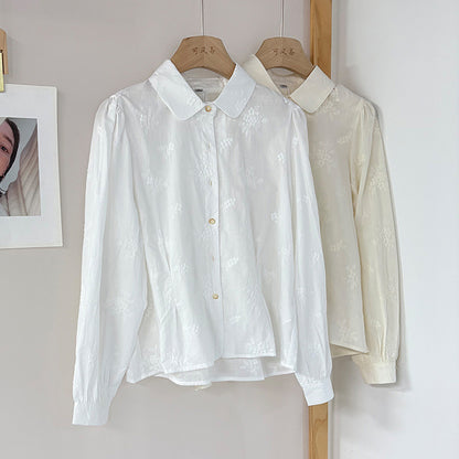 [Customized] Shirt women's  spring clothing new pure cotton lapel embroidered top sweet and loose young age reduction