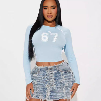 popular autumn new New  street fashion sports elastic retro simple printing long-sleeved top women
