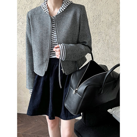 Luxi Korean wool woolen round neck small fragrant short coat women's popular autumn new zipper jacket top 8698