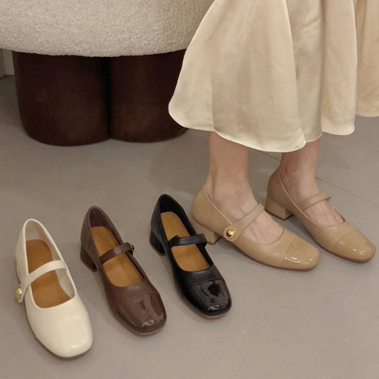 2025  Spring and Autumn Gentle Square Head Middle Heel Velcro Thick Heel Mary Jane Small Leather Shoes Japanese JK Single Shoes Women