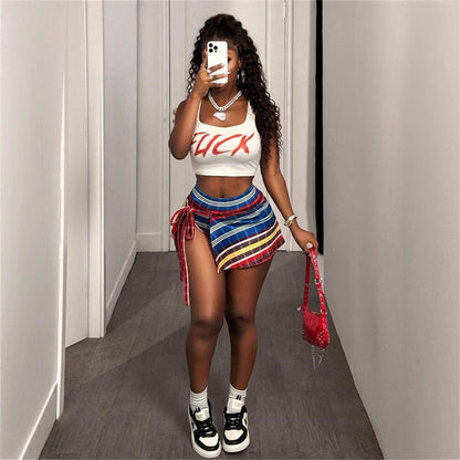 summer new women's clothing New Popular trade personalized trend splicing printing tether waist skirt