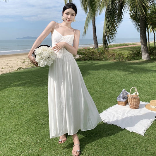 2025 White super fairy seaside vacation banquet photo dress manor girl  retro lace long dress suspender dress