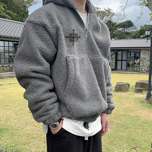 xiangtuibao Plush Sweatshirt For Men's Autumn Winter Clothing Vintage Casual Print Loose Male Pullovers Embroidery Large Size Men Hoodies