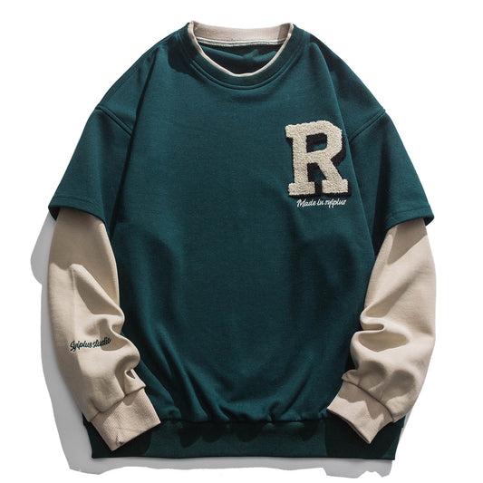xiangtuibao Vintage Flocked Letter Fake Two Patchwork Hoodie Pullover Harajuku Sweatshirts Men Hip Hop Streetwear Loose Casual Tops
