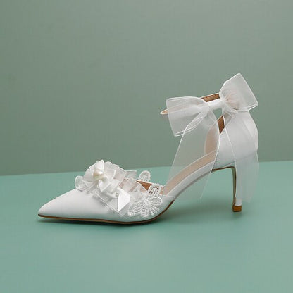 xiangtuibao Pointed Baotou Hollow Slotted Sweet Women's Shoes Chiffon Bowknot Removable Wrist Strap Bridesmaid High Heel Sandals