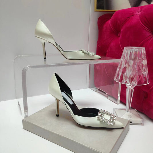 xiangtuibao Summer Square Buckle Rhinestone High-heeled Women's Sandals Fashion Pointed Toe Stiletto Women's Wedding Shoes
