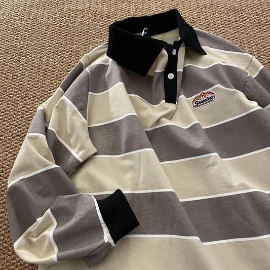 xiangtuibao New Striped POLO Shirt Top Women Japan Retro Long-sleeved Men Loose Trend Couple BF Lapel Sweatshirt Hip Hop Cool Shirts