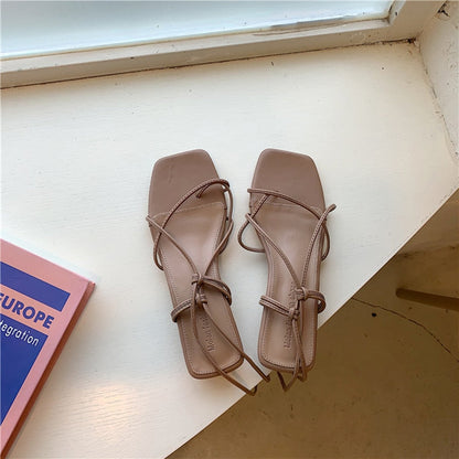 xiangtuibao Summer Women Sandal Fashion Square Toe Flats Heel Lace Up Gladiator Sandal Outdoor Dress Narrow Band Shoes