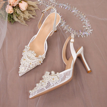 White Lace Pearl Wedding Pumps Heels Shoes for Women Crystal Luxury Pumps Elegant 9 Cm High Heels Sandals  Comfy Bridal Shoe