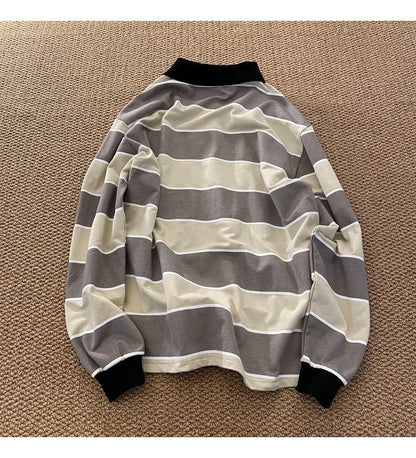 xiangtuibao New Striped POLO Shirt Top Women Japan Retro Long-sleeved Men Loose Trend Couple BF Lapel Sweatshirt Hip Hop Cool Shirts