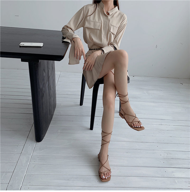 xiangtuibao Summer Women Sandal Fashion Square Toe Flats Heel Lace Up Gladiator Sandal Outdoor Dress Narrow Band Shoes