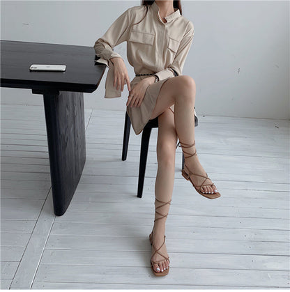 xiangtuibao Summer Women Sandal Fashion Square Toe Flats Heel Lace Up Gladiator Sandal Outdoor Dress Narrow Band Shoes