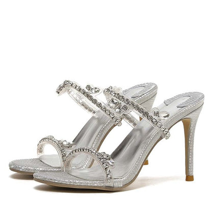 xiangtuibao Sexy Crystal Rhinestone High Heels Party Slippers Fashion Snake Print Open Toe Transparent Sandals Sliders Shoes Women