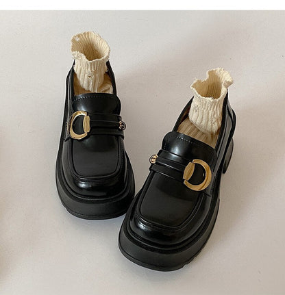 xiangtuibao Retro black round toe thick heel leather shoes for women  new spring versatile British style Lefu shoes single shoes