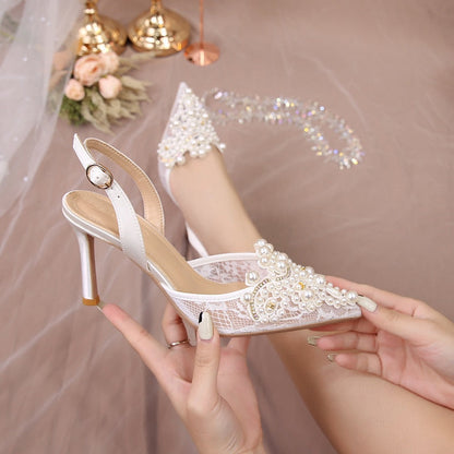 White Lace Pearl Wedding Pumps Heels Shoes for Women Crystal Luxury Pumps Elegant 9 Cm High Heels Sandals  Comfy Bridal Shoe