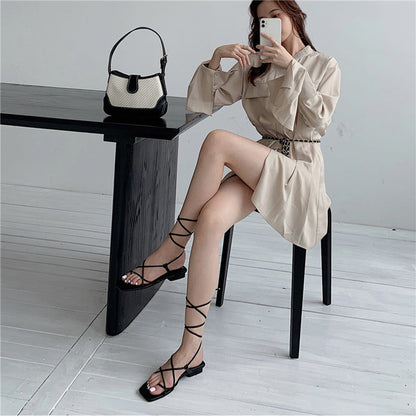 xiangtuibao Summer Women Sandal Fashion Square Toe Flats Heel Lace Up Gladiator Sandal Outdoor Dress Narrow Band Shoes