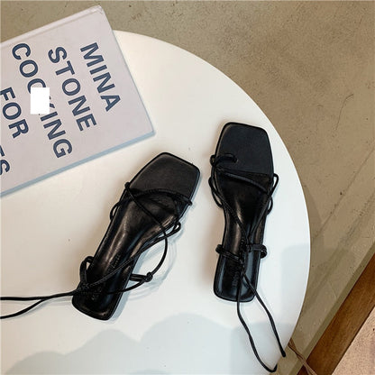 xiangtuibao Summer Women Sandal Fashion Square Toe Flats Heel Lace Up Gladiator Sandal Outdoor Dress Narrow Band Shoes