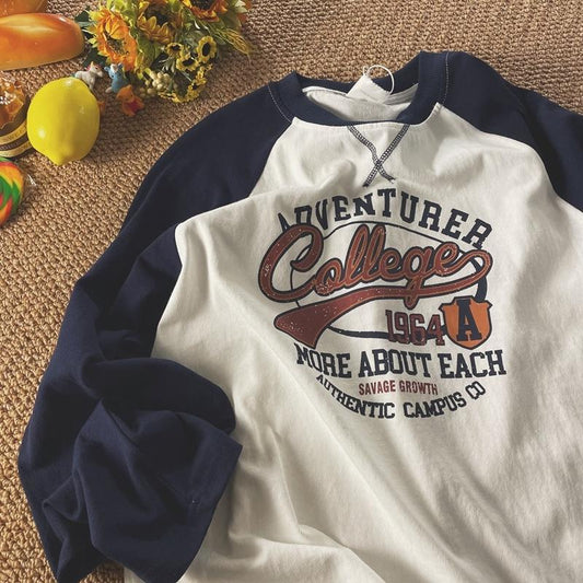 xiangtuibao Vintage Oversized T-shirt for Men Contrast Color Raglan Long Sleeve Letter Print T Shirt Hip-hop American Retro Unisex Tops Tees