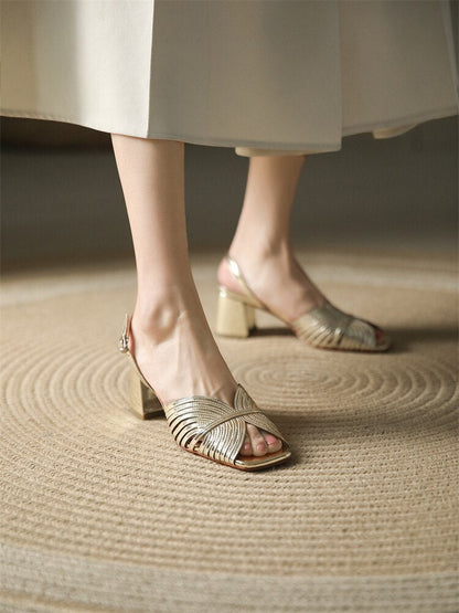xiangtuibao NEW Summer Women Shoes Square Toe Thin Heel Women Sandals Cow Leather High Heels Solid Party Shoes Lattice Cloth Shoes for Women
