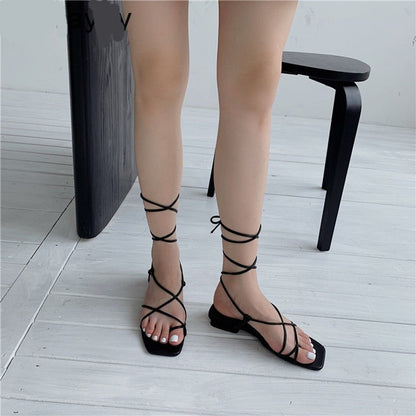 xiangtuibao Summer Women Sandal Fashion Square Toe Flats Heel Lace Up Gladiator Sandal Outdoor Dress Narrow Band Shoes