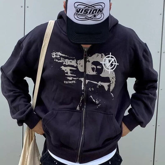 xiangtuibao-New European and American pattern printing zipper hoodie men's Y2K street trend all-match Sweatshirts couple loose cardigan