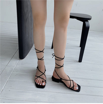 xiangtuibao Summer Women Sandal Fashion Square Toe Flats Heel Lace Up Gladiator Sandal Outdoor Dress Narrow Band Shoes