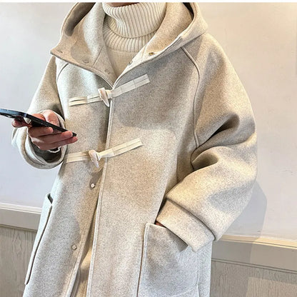 xiangtuibao Winter Men Coats Women Solid Hooded Long Jacket with Cowhorn New Korean Casual Loose Coat Fashion Male Clothing for Unisex