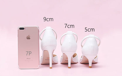 xiangtuibao Pointed Baotou Hollow Slotted Sweet Women's Shoes Chiffon Bowknot Removable Wrist Strap Bridesmaid High Heel Sandals