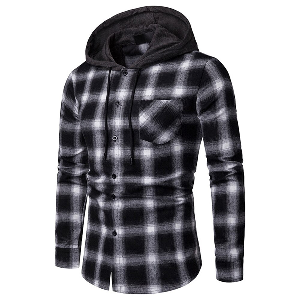 xiangtuibao Spring and Autumn Men's Fashion Plaid Hooded Shirt Spring and Autumn Jacket Shirt