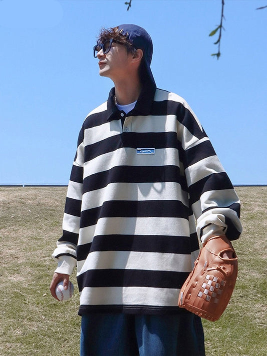 xiangtuibao Sweatshirts Men Turn-down Collar American Style High Street Spring New Arrival Loose Striped Outwear Casual All-match Handsome