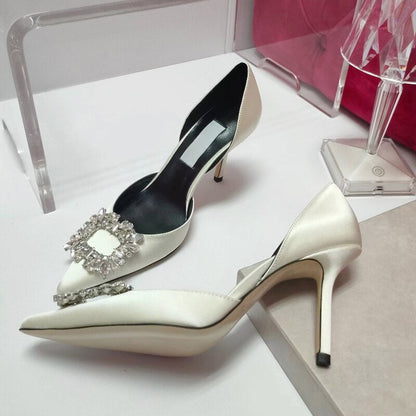 xiangtuibao Summer Square Buckle Rhinestone High-heeled Women's Sandals Fashion Pointed Toe Stiletto Women's Wedding Shoes