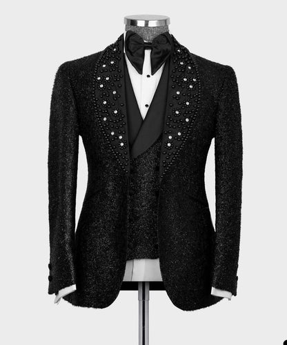 xiangtuibao Sparkling Black Men Suit 2 Pieces Business Blazer Pants One Button Sequins Pearls Wedding Groom Work Wear Party Causal Tailored