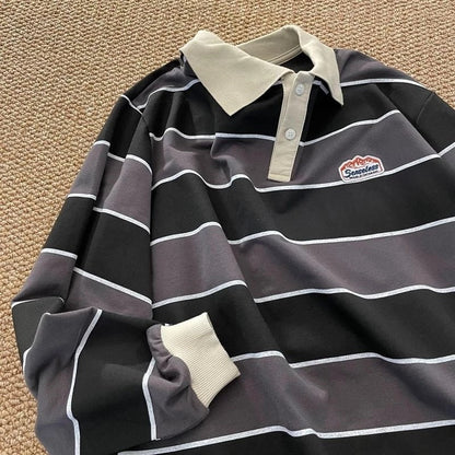 xiangtuibao New Striped POLO Shirt Top Women Japan Retro Long-sleeved Men Loose Trend Couple BF Lapel Sweatshirt Hip Hop Cool Shirts